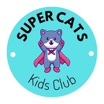 Super Cat Kids Club logo - aqua circle with an image of a cat wearing a cape and the text super cats kids club around it.